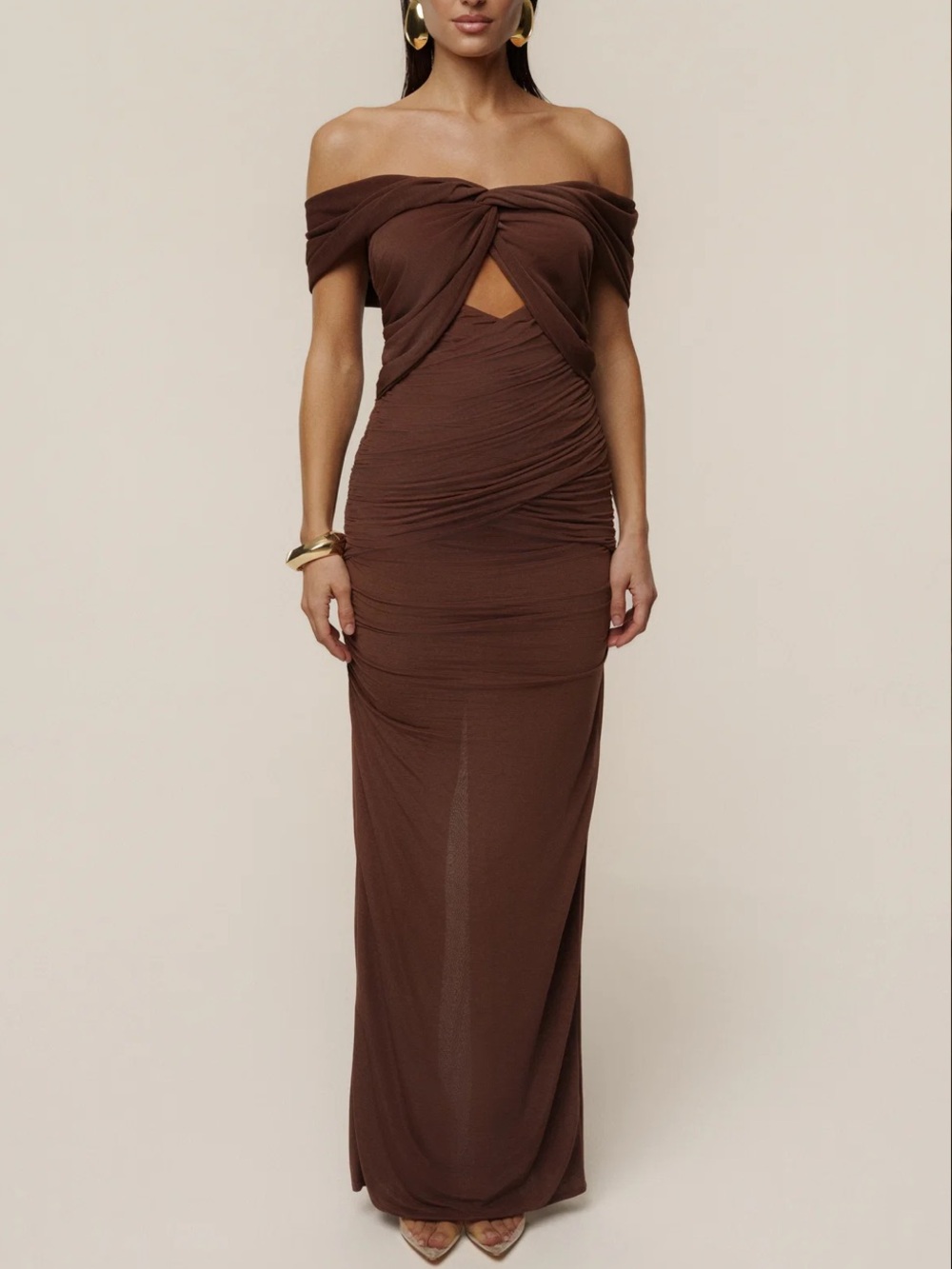 JLUXLABEL Chocolate Brown Off-Shoulder Twist Front Gown